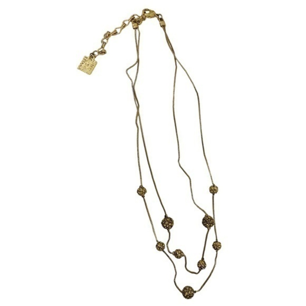 Anne Klein Antique Gold Pave Ball Double Strand Necklace